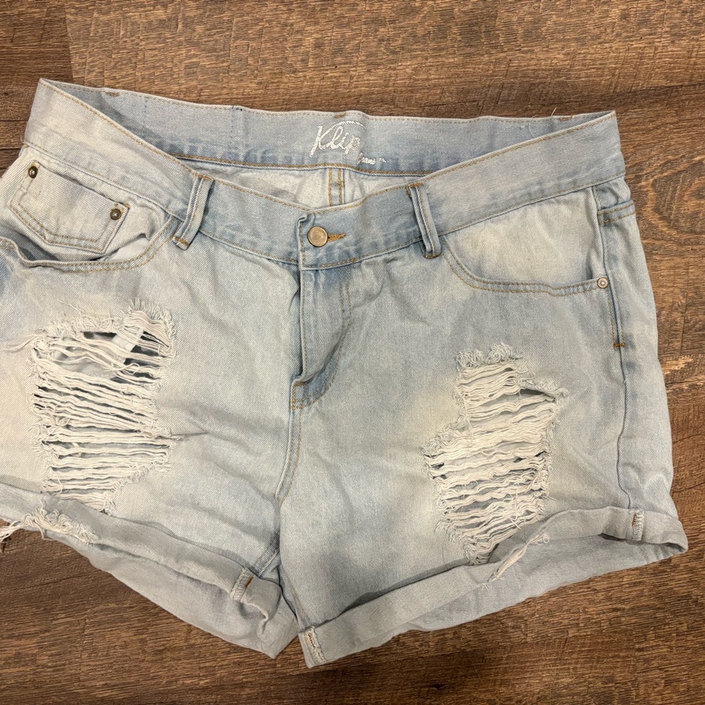 Blue Distressed Jean Shorts with Cuffed Hem